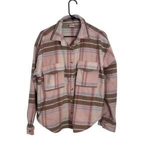 Barbie Plaid Flannel Shacket Women’s Large Pink Brown Retro Logo